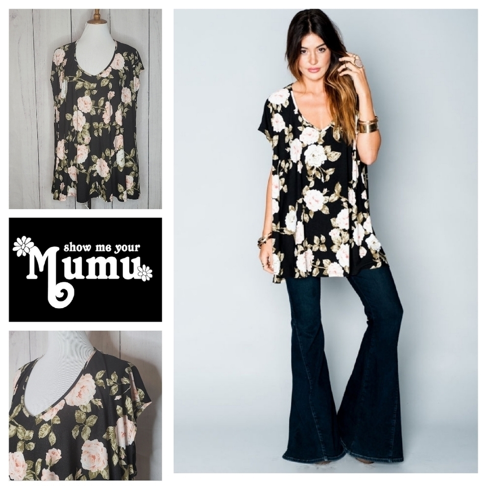 Show Me Your Mumu Black Floral Rose‎ Carter Tunic Top Short Sleeve V-Neck Small